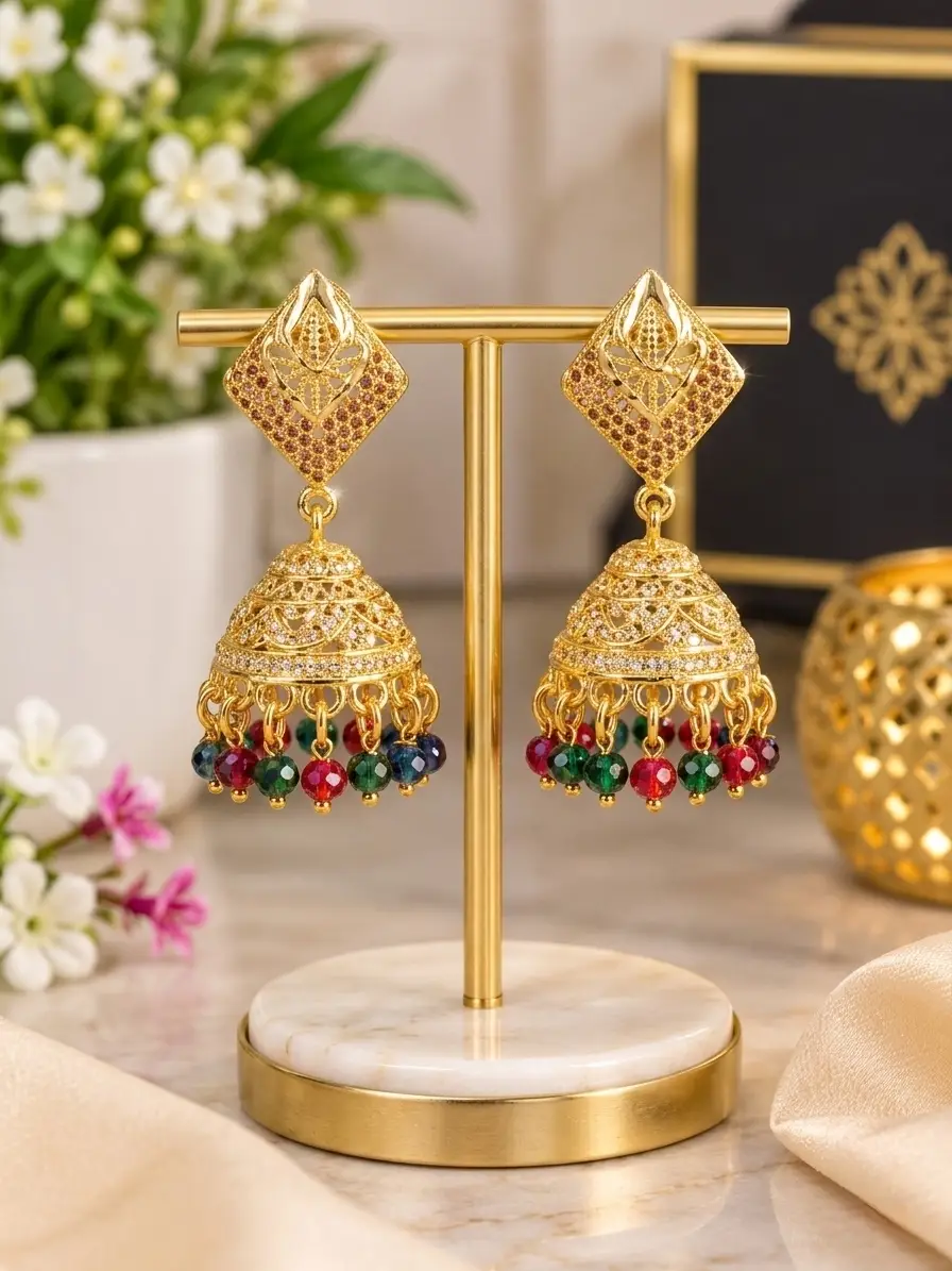 Modern Design Gold Plated Crystal Jhumka