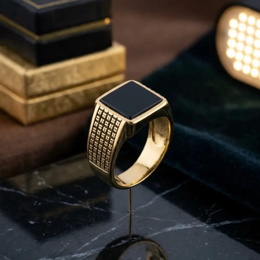 Turkish Design Gold Plated Men's Ring Stainless Steel