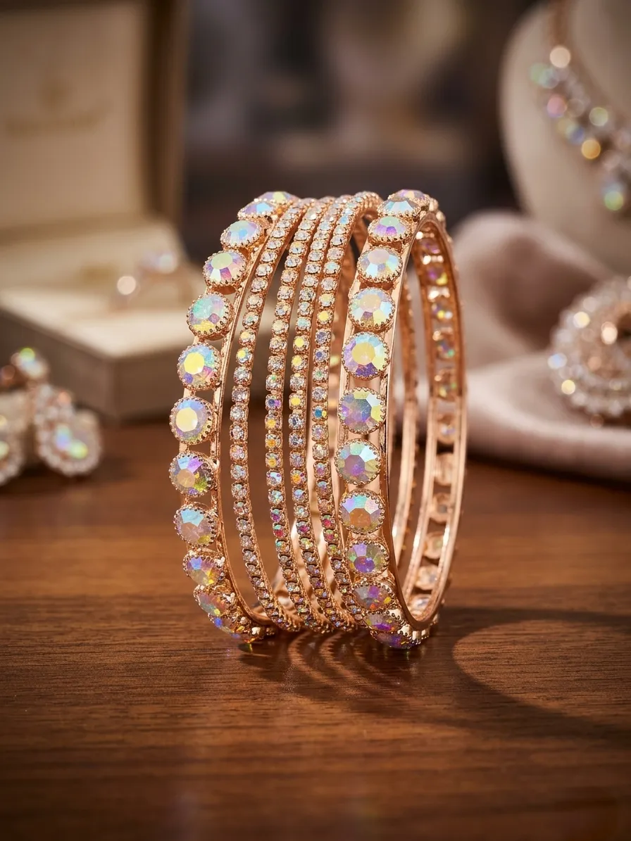 Modern Gold Plated Crystal Kara Bangle Set of 6