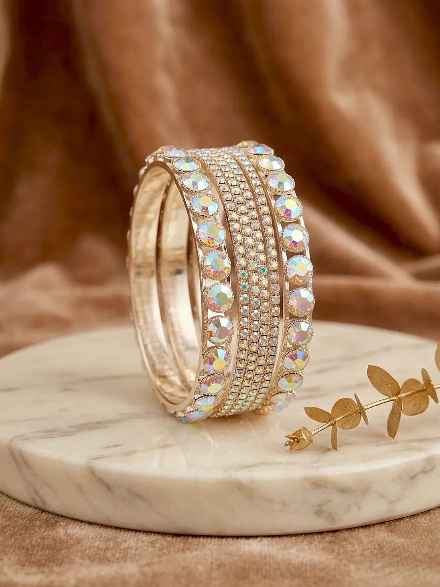 Modern Gold Plated Crystal Kara Bangle Set of 6