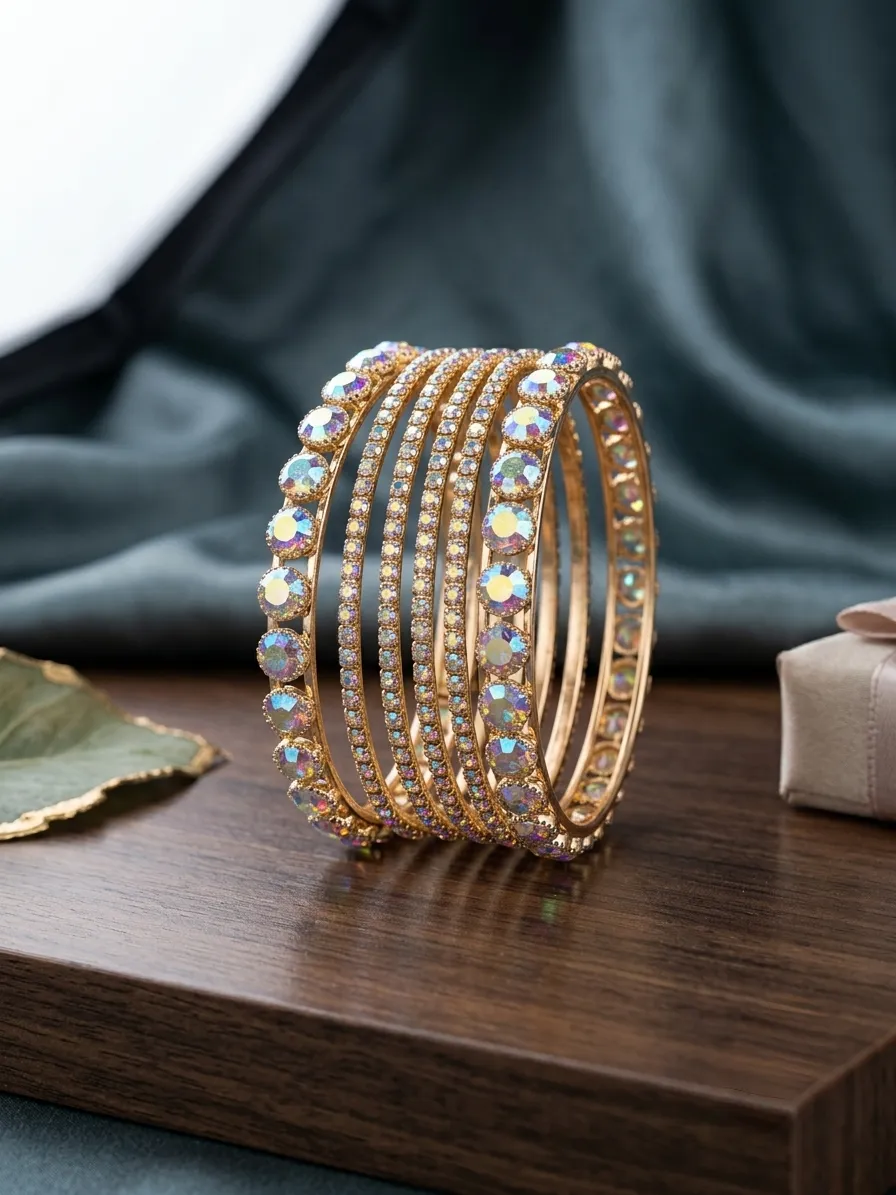 Modern Gold Plated Crystal Kara Bangle Set of 6