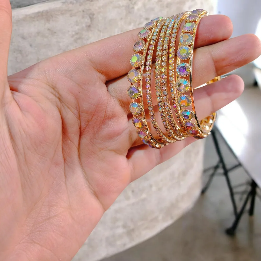 Modern Gold Plated Crystal Kara Bangle Set of 6