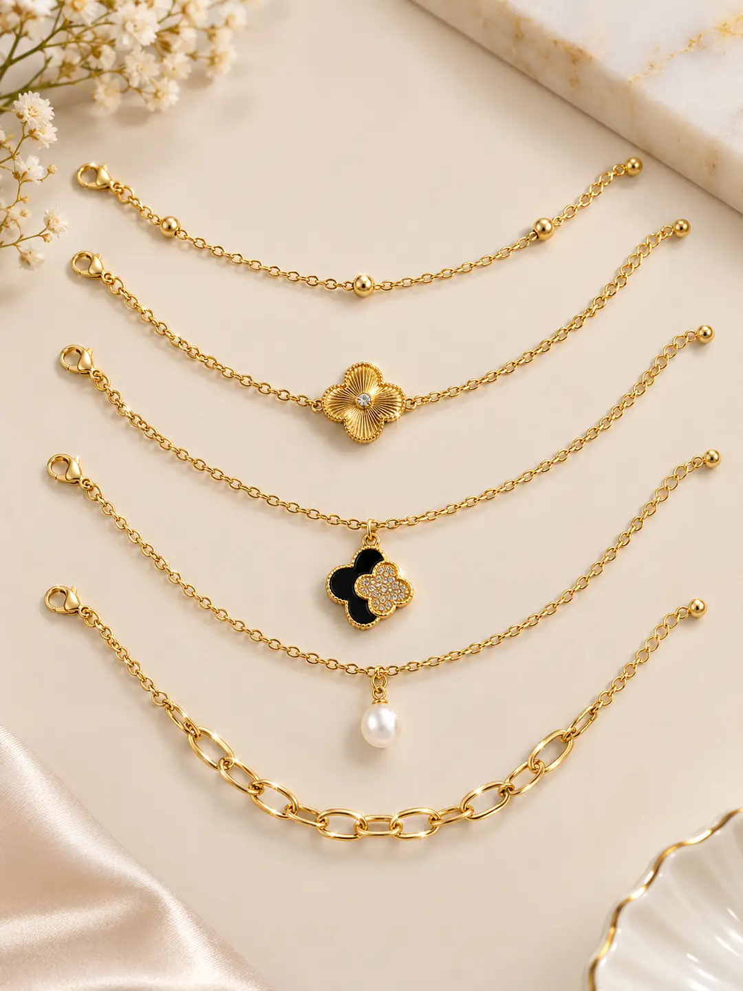 5 Pcs Funky Gold Plated Crystal Chain Bracelet