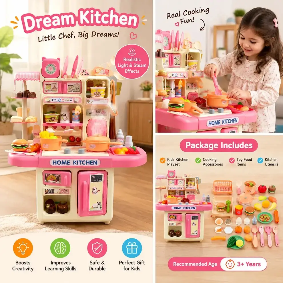 Inbealy | Kids DIY Dream Kitchen Playset with Lights & Steam