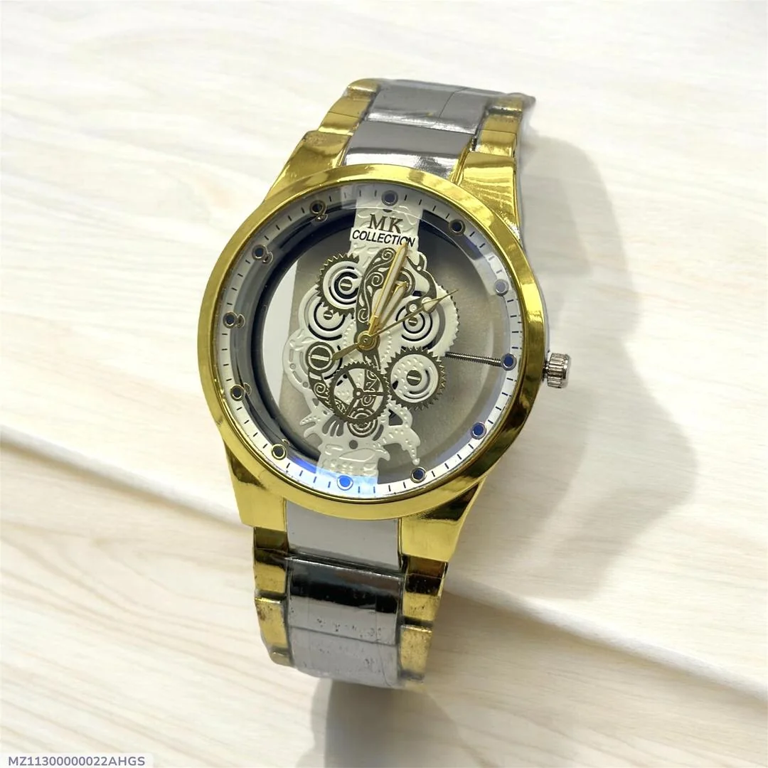 Men's Stainless Steel Watch Gold Silver Chain Strap Transparent Face
