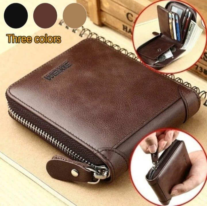 Men's Genuine Cow Leather Wallet Brown Zipper Closure