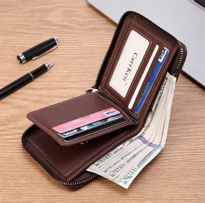 Men's Genuine Cow Leather Wallet Brown Zipper Closure