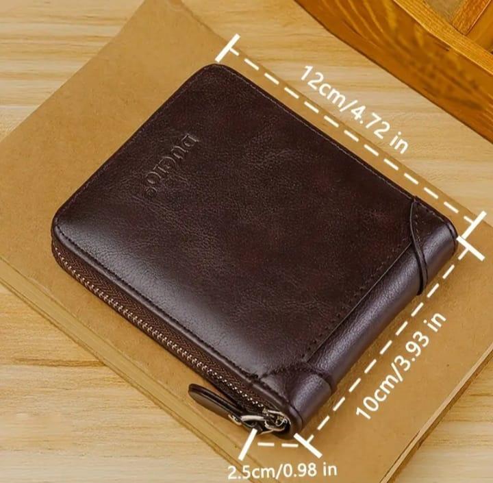 Men's Genuine Cow Leather Wallet Brown Zipper Closure