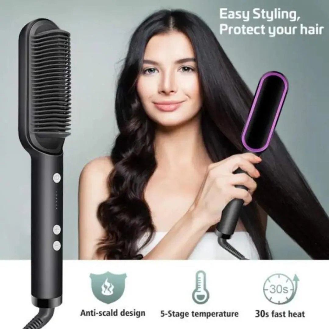 Hair Straightener Brush with 30s Heat & Anti-Scald Design
