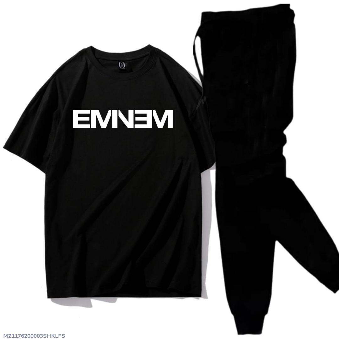 Men Black Cotton Track Suit with Eminem Print Medium to XL