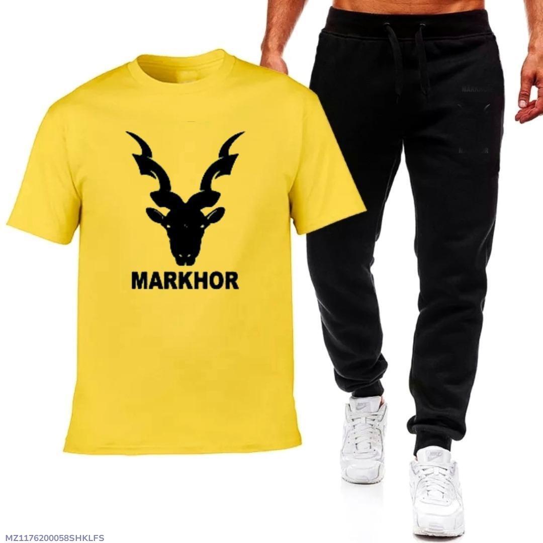 Men's Track Suit Yellow Black Markhor Print Cotton Jersey Medium to XL