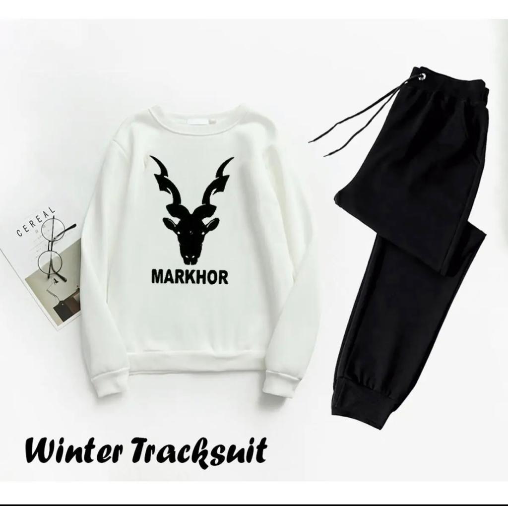 Men Printed Track Suit White Markhor Sweatshirt Trousers Medium to XL