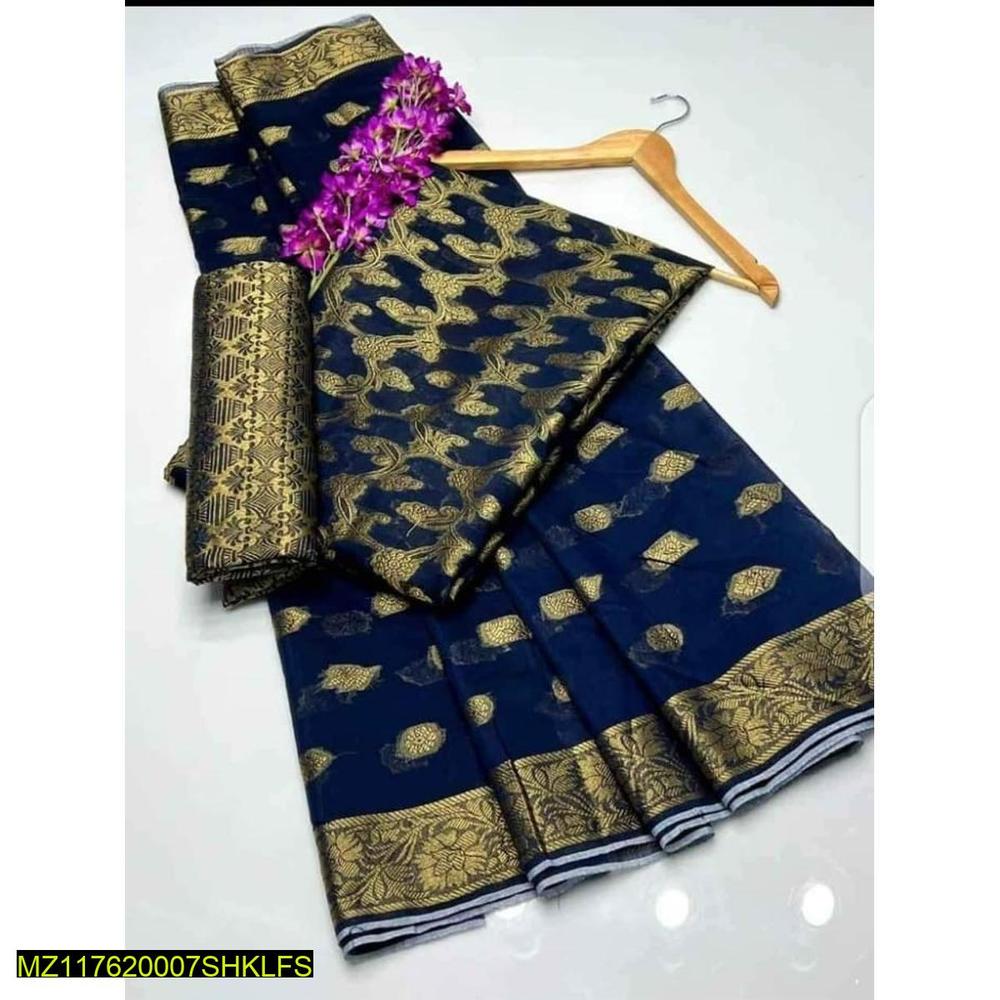 Navy Blue Cotton Jacquard 3-Piece Women Suit with Dupatta