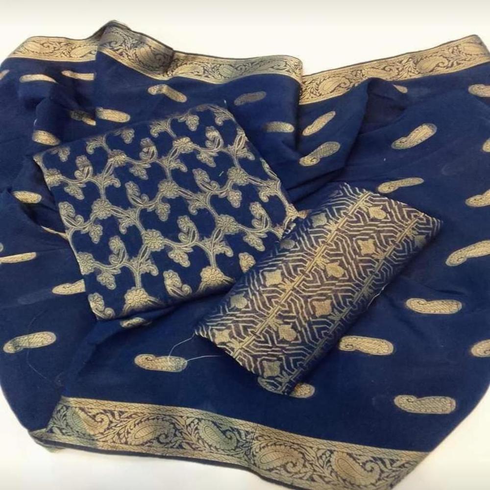 Navy Blue Cotton Jacquard 3-Piece Women Suit with Dupatta