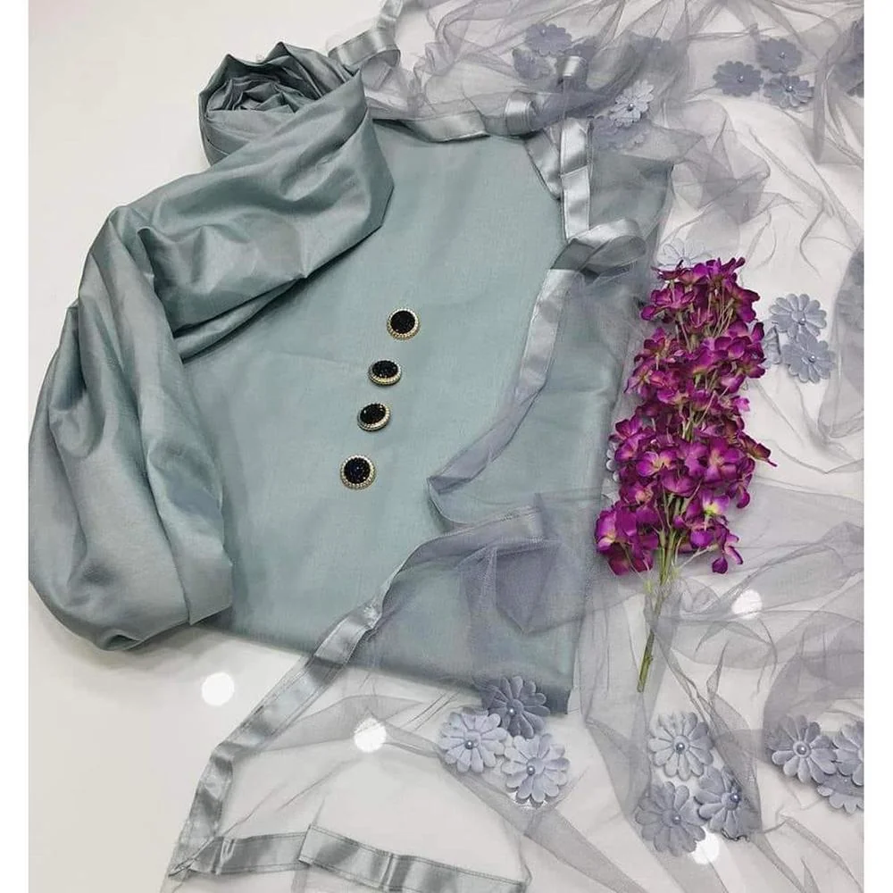 3 Pcs Women's Unstitched Katan Silk Plain Suit