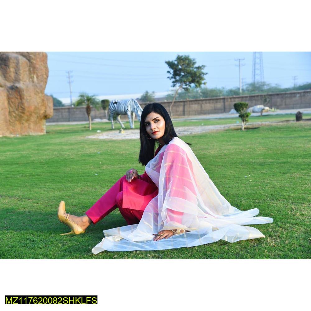 3-Piece Katan Silk Suit Pink Organza Dupatta for Women