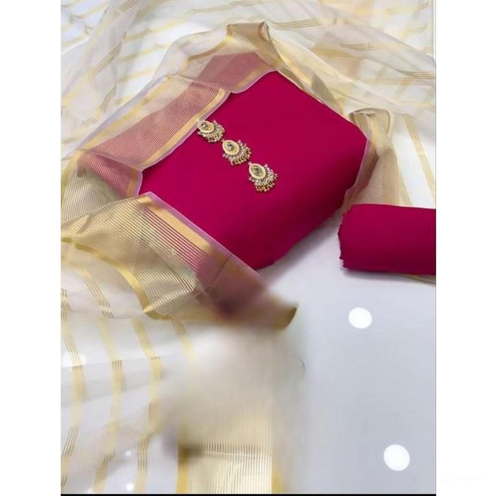 3-Piece Katan Silk Suit Pink Organza Dupatta for Women