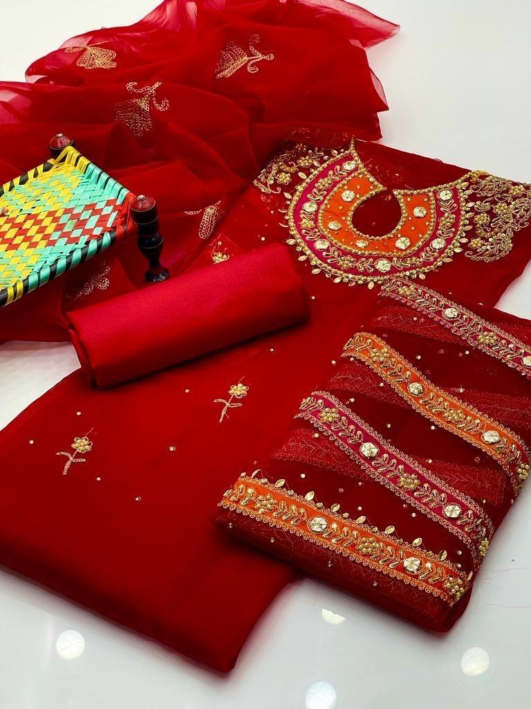 Red Organza Suit with Gold Embroidery for Women