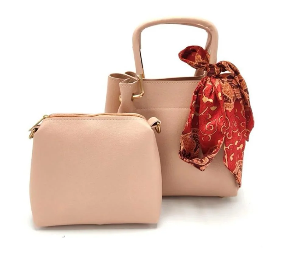 Pink PU Leather Crossbody Bag Set with Red Scarf