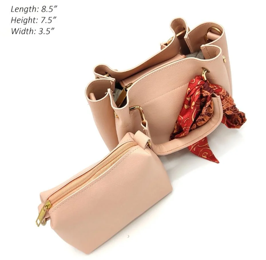 Pink PU Leather Crossbody Bag Set with Red Scarf