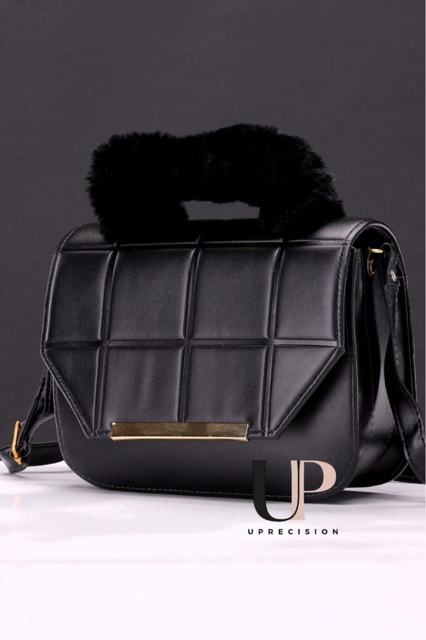 Black Rexine Crossbody Bag with Faux Fur Handle for Girls