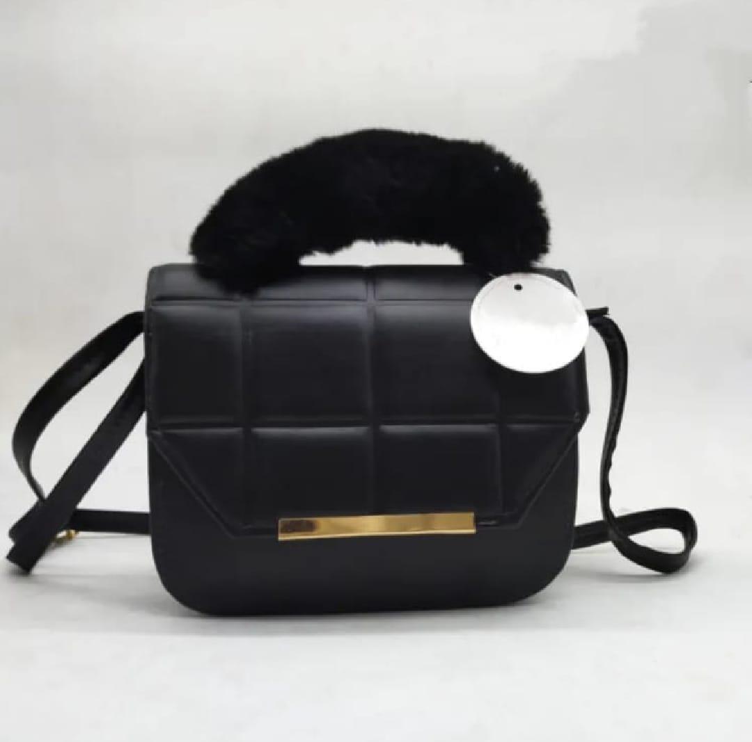 Black Rexine Crossbody Bag with Faux Fur Handle for Girls