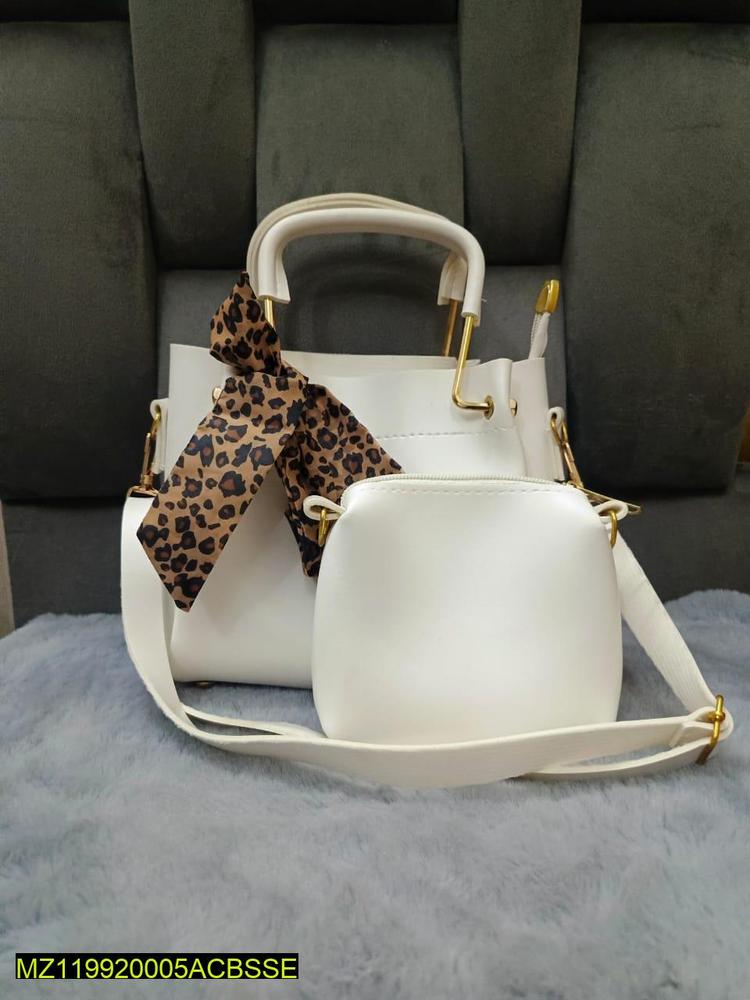 White PU Leather Bowler & Crossbody Bag Set with Leopard Bow