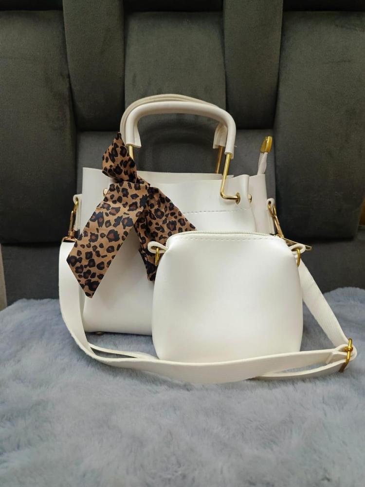 White PU Leather Bowler & Crossbody Bag Set with Leopard Bow