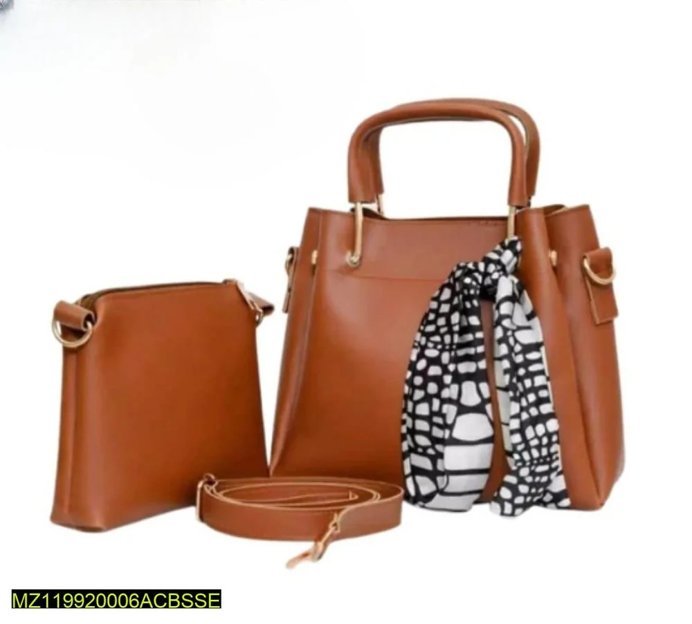 Brown PU Leather Handbag Set with Crossbody & Scarf