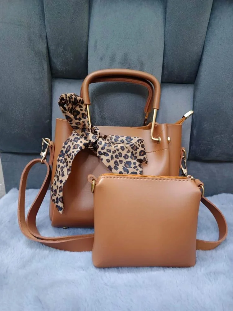 Brown PU Leather Handbag Set with Crossbody & Scarf
