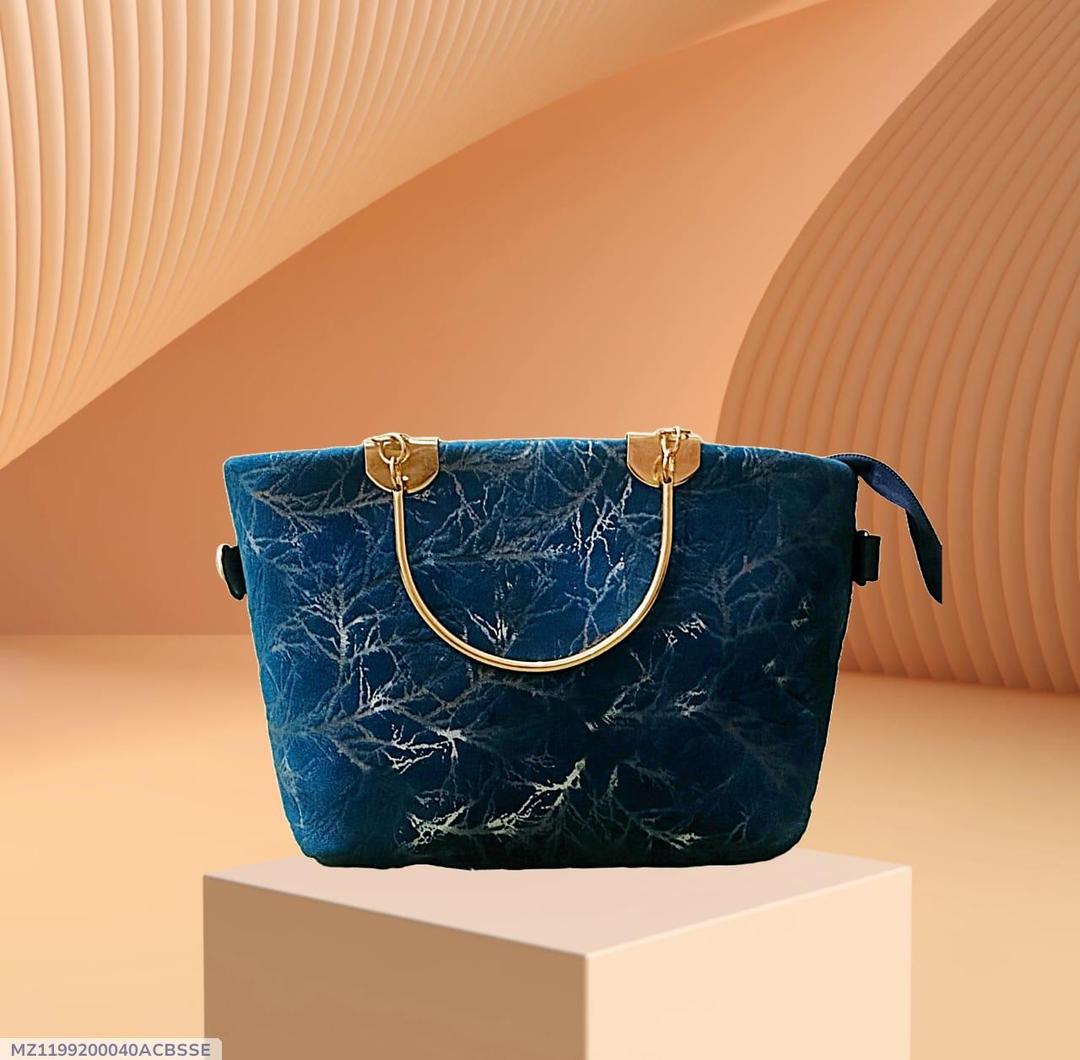 Girls Velvet Printed Handbag Blue 10x5x8"