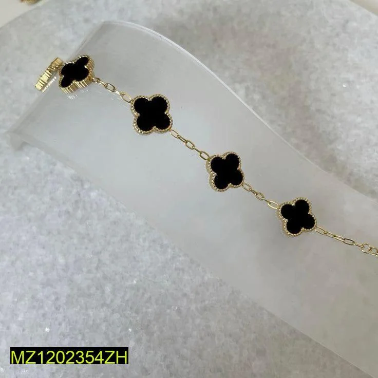 Stainless Steel Clover Bracelet Black Stone Adjustable