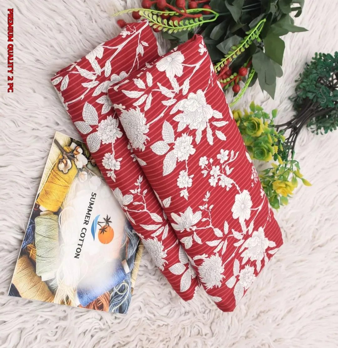 Red Printed Polo Cotton 2Pc Suit Set for Women