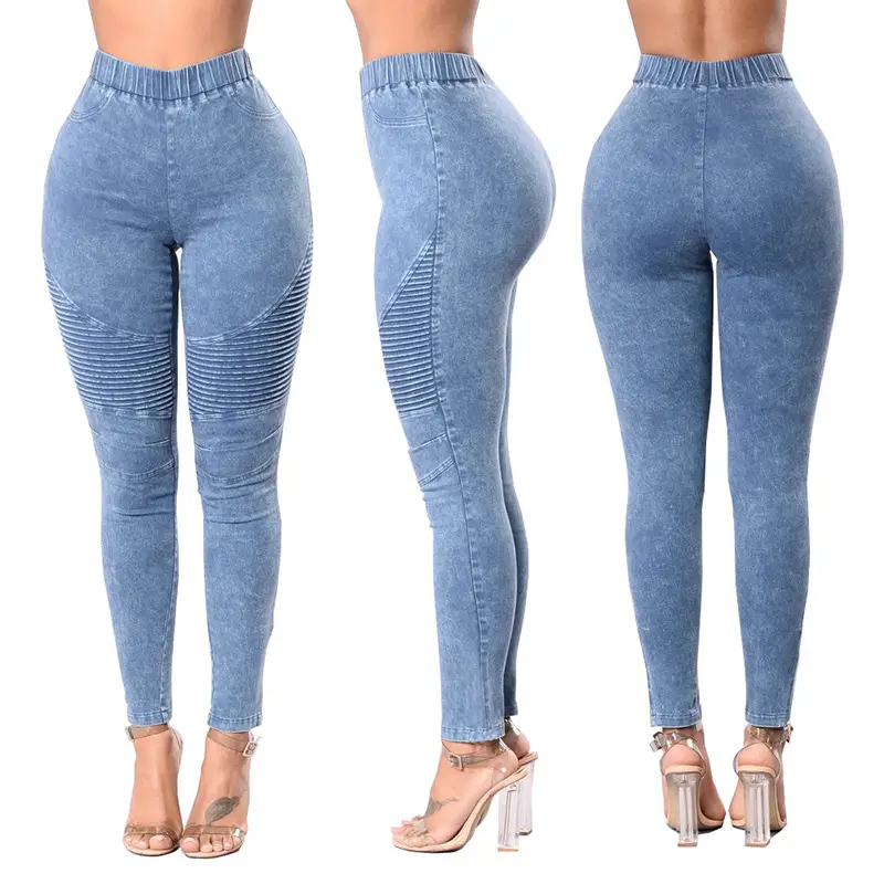 Women High Waist Elastic Slim Jeans Gray XS