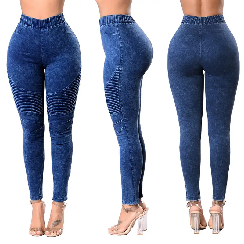 Women High Waist Elastic Slim Jeans Gray XS