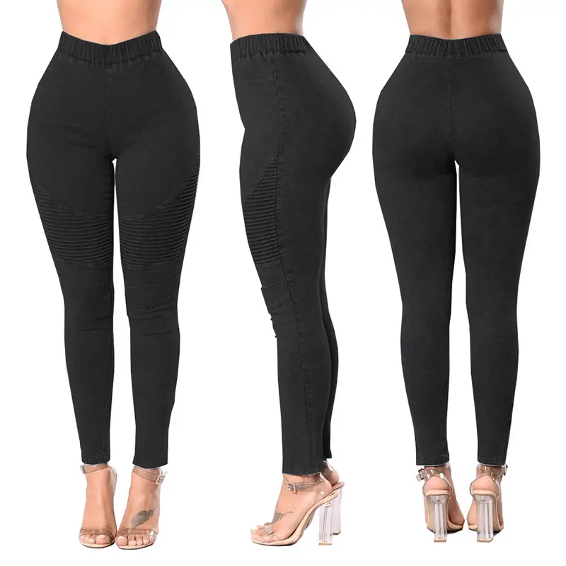 Women High Waist Elastic Slim Jeans Gray XS