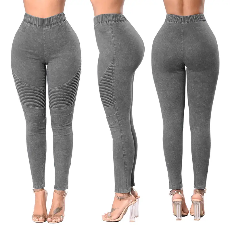 Women High Waist Elastic Slim Jeans Gray XS