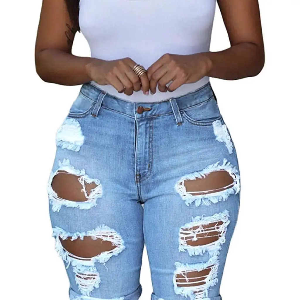 Women High Waist Ripped Denim Shorts White