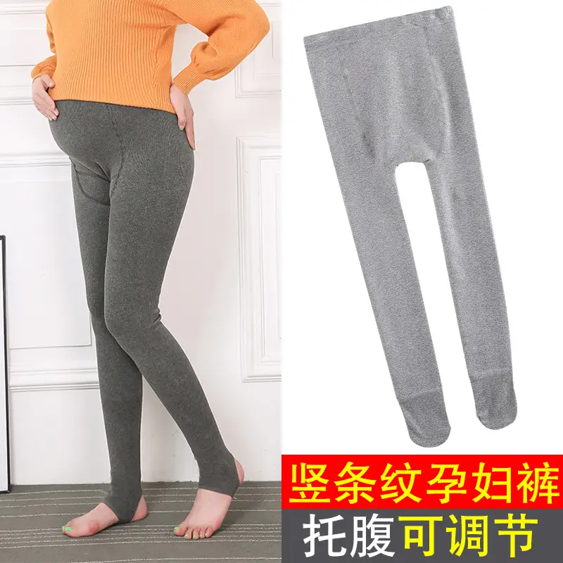 Pregnant Leggings Fleece-lined Striped Cotton Large