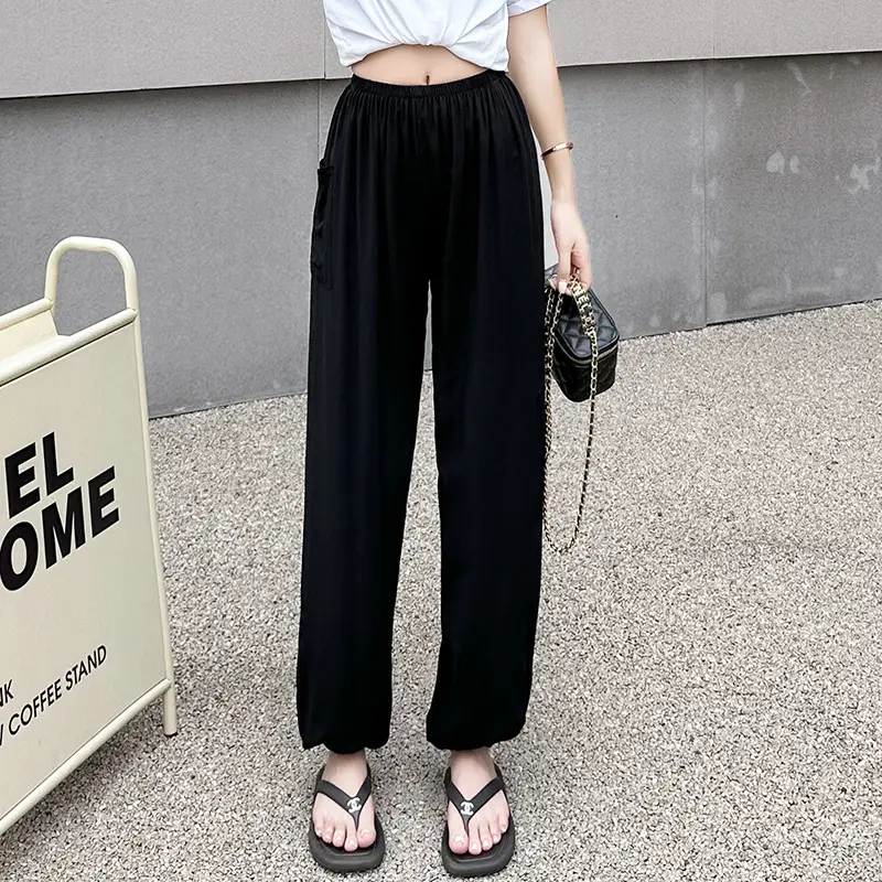 Women Loose Black Cotton Silk Summer Pajama Pants