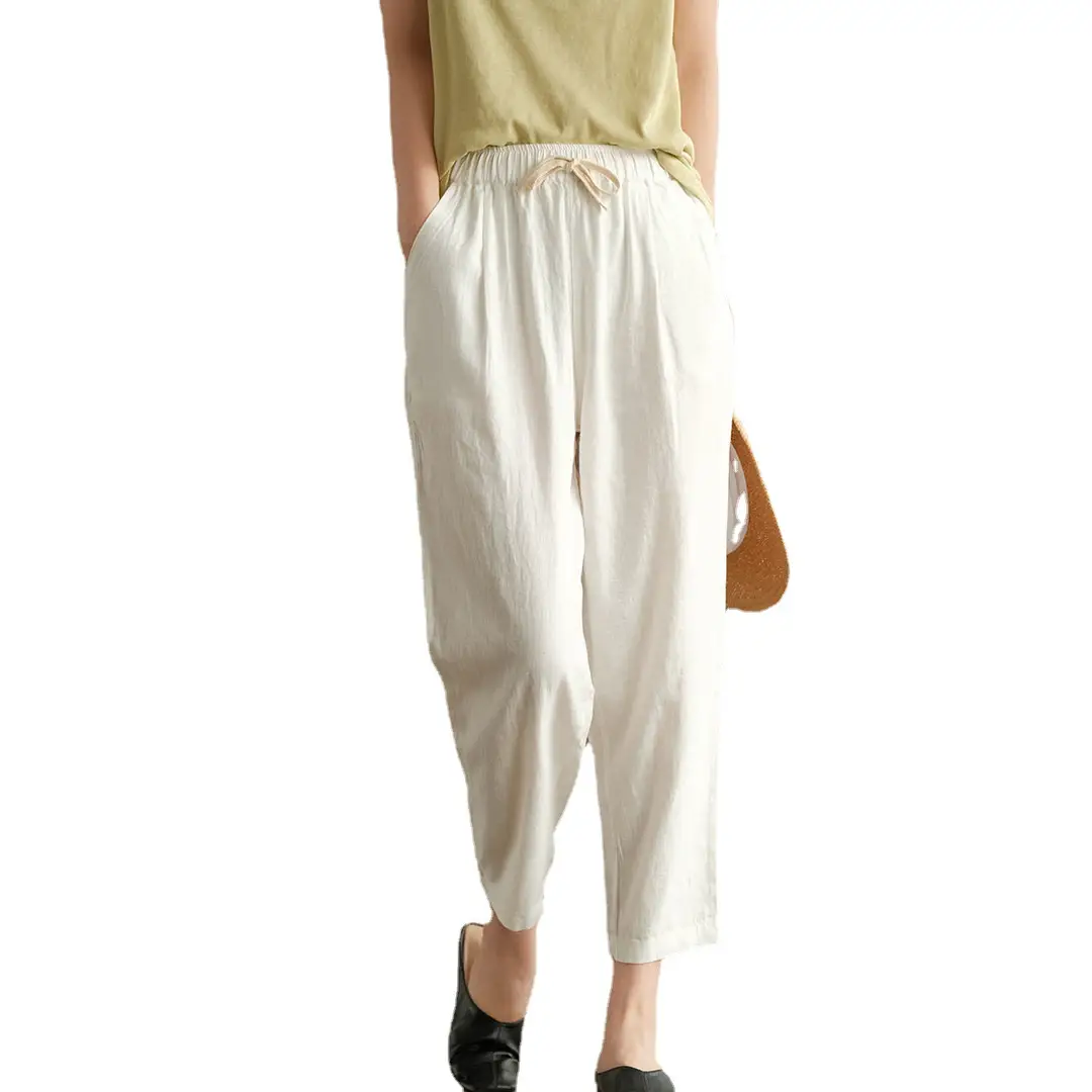 Women Cotton Lace-up Ankle Pants White Summer Casual