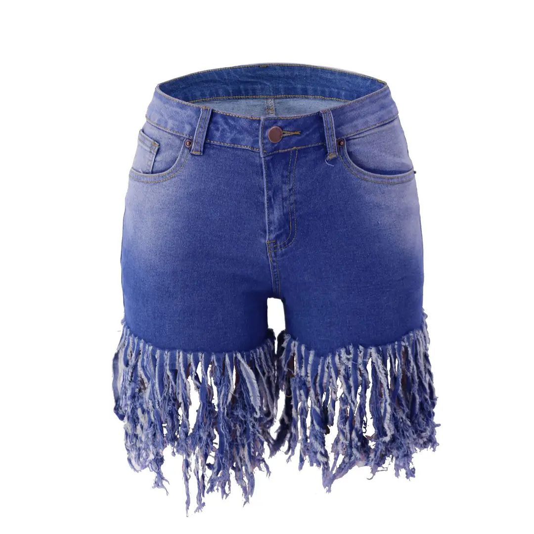 Women Tassel Denim Shorts Dark Blue Mid Waist Spring