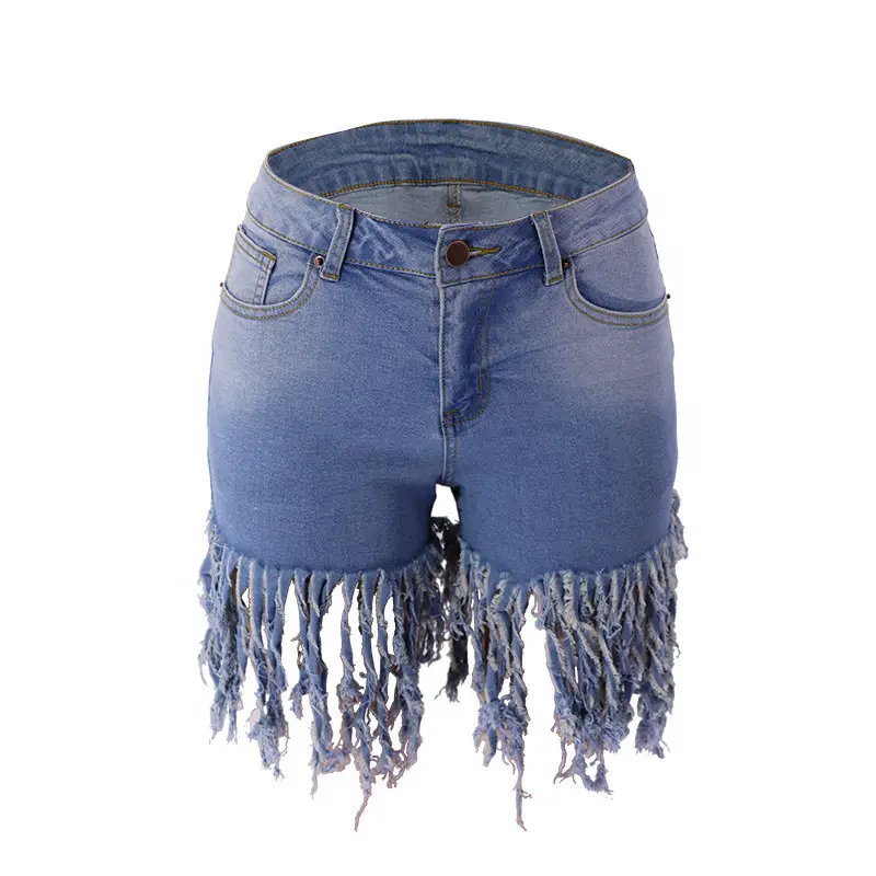 Women Tassel Denim Shorts Dark Blue Mid Waist Spring