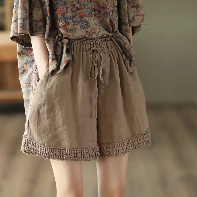 Women Slim Crochet Linen Shorts Summer Black
