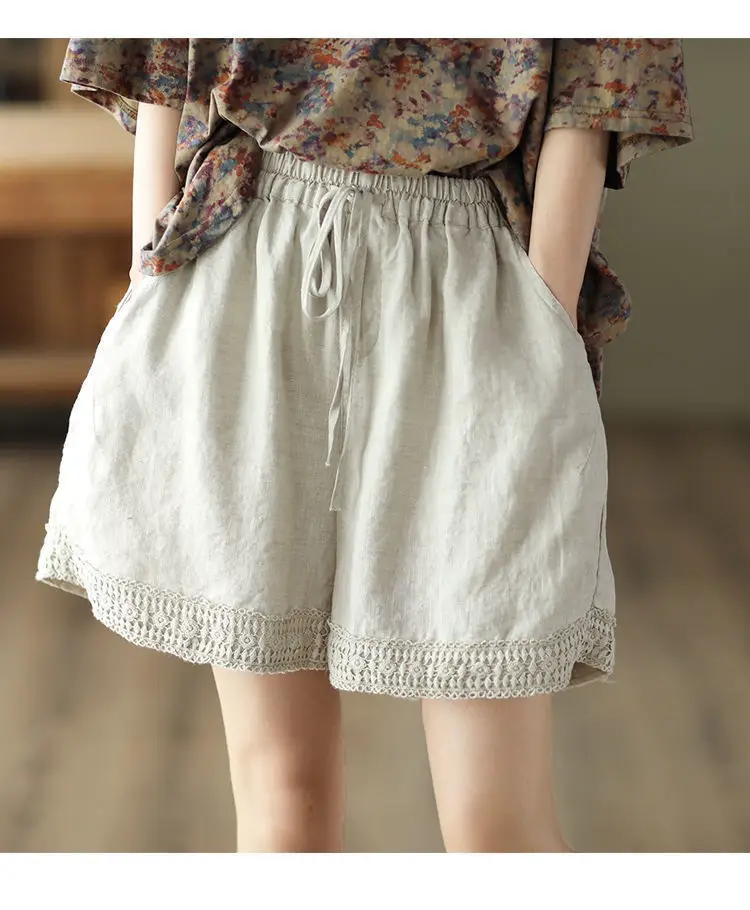 Women Slim Crochet Linen Shorts Summer Black