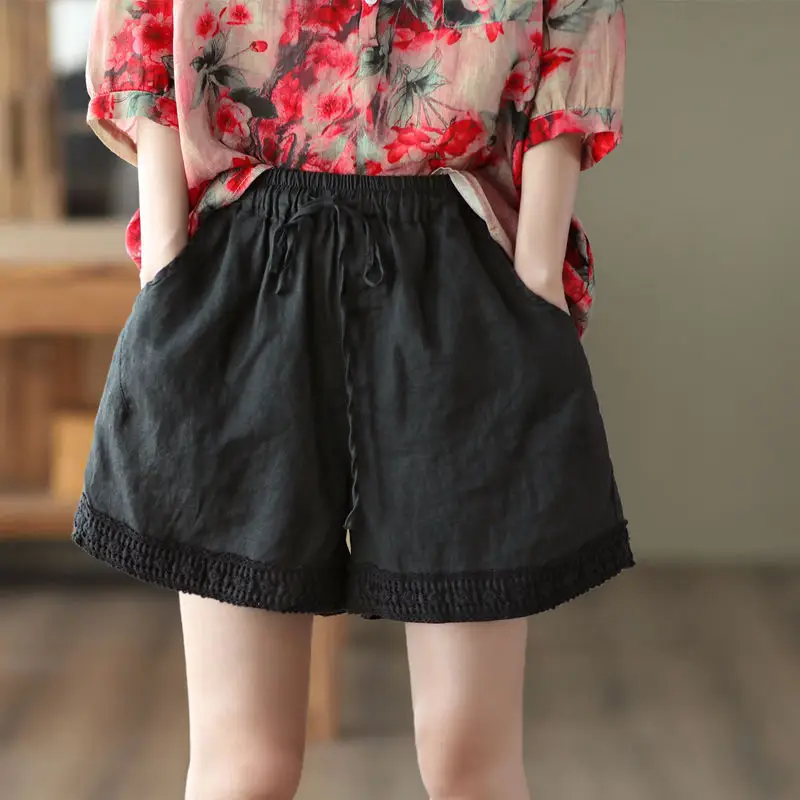 Women Slim Crochet Linen Shorts Summer Black