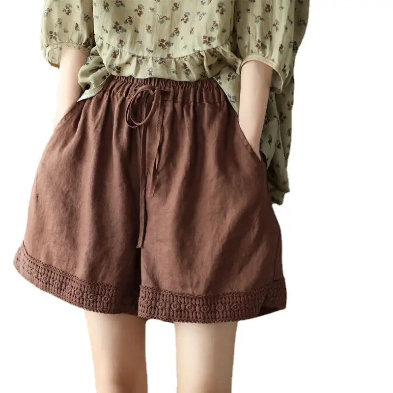 Women Slim Crochet Linen Shorts Summer Black