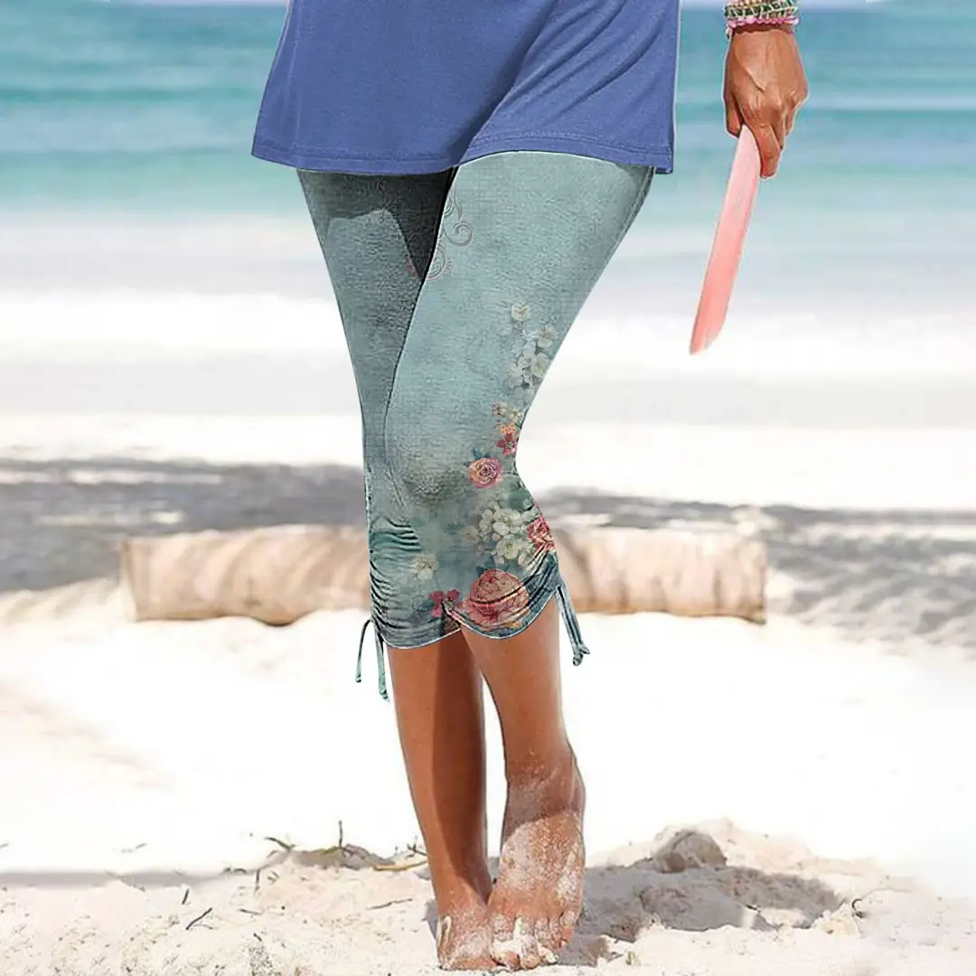 Women Slim Fit Printed Cropped Pants Black Floral Beach Wear