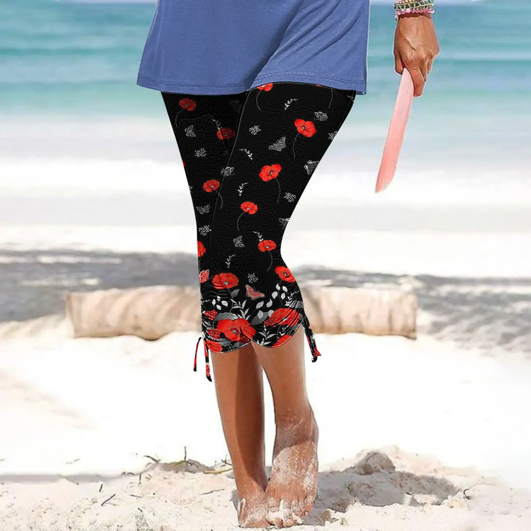 Women Slim Fit Printed Cropped Pants Black Floral Beach Wear