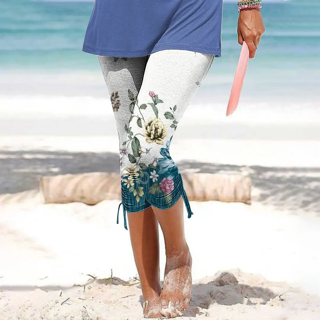 Women Slim Fit Printed Cropped Pants Black Floral Beach Wear
